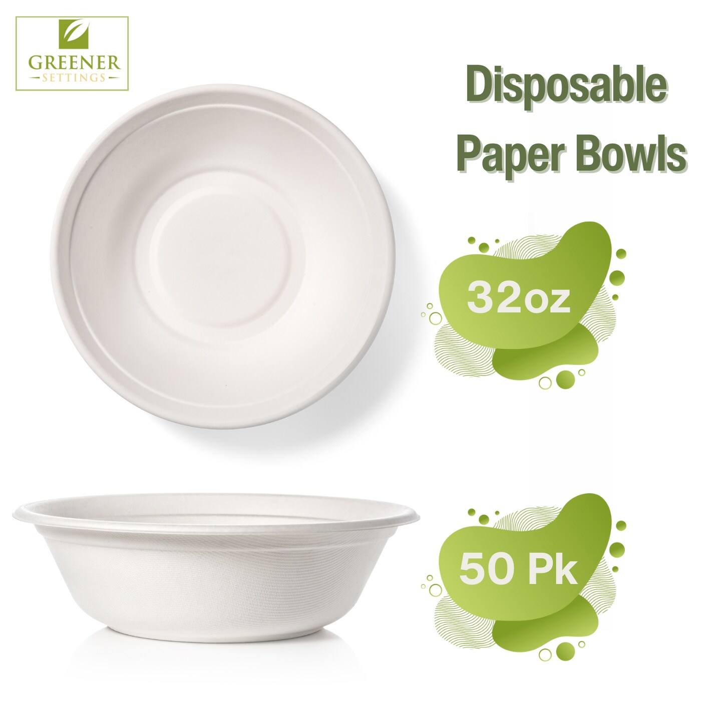 Greener Settings 32 oz Compostable Paper Bowls, 50-Pack – Heavy-Duty Bagasse, Biodegradable, Microwavable, Freezer Safe, Leak-Resistant, Eco-Friendly for Hot and Cold Foods