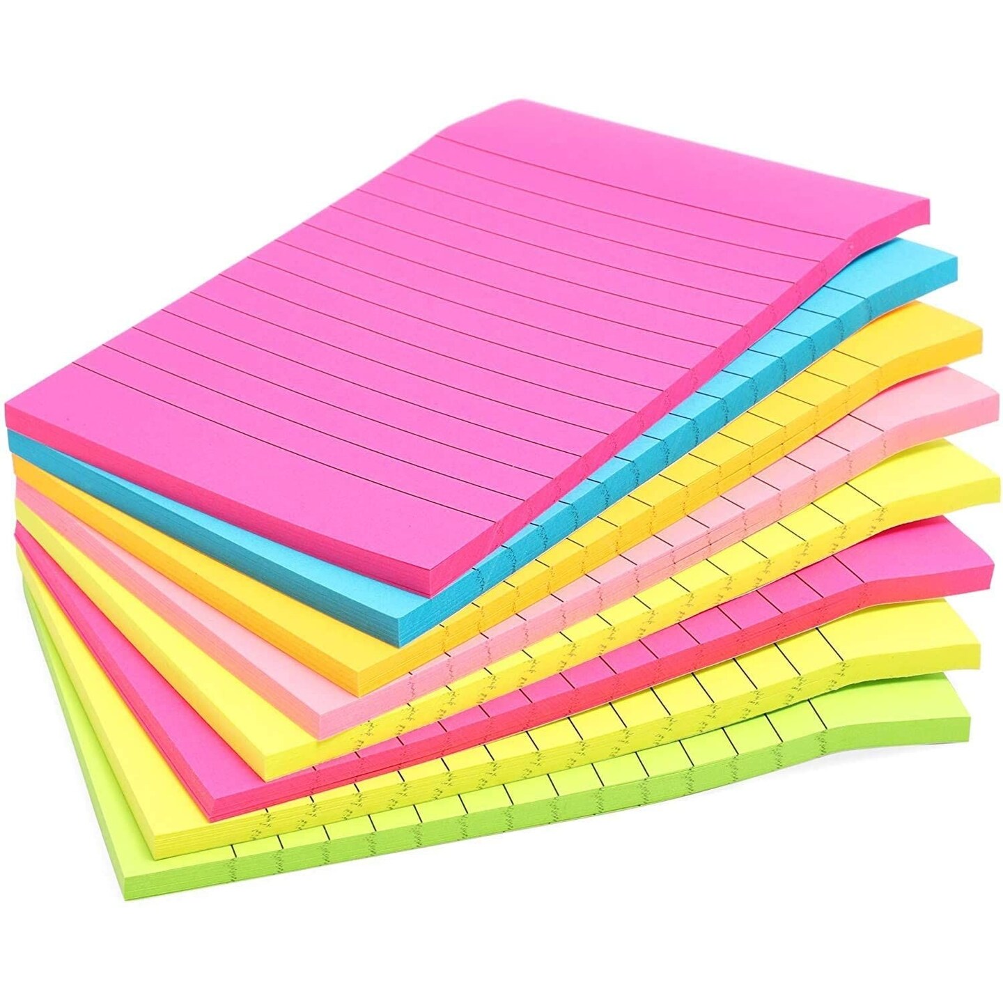 Paper Junkie Lined Sticky Notes - High-Visibility Neon Paper Notes - Self-Stick Lined Note Pads - 400 Total Sheets for Office Supplies - Pack of 8 Pads, 50 Sheets Each, 4 x 6 in, 6 Neon Colors