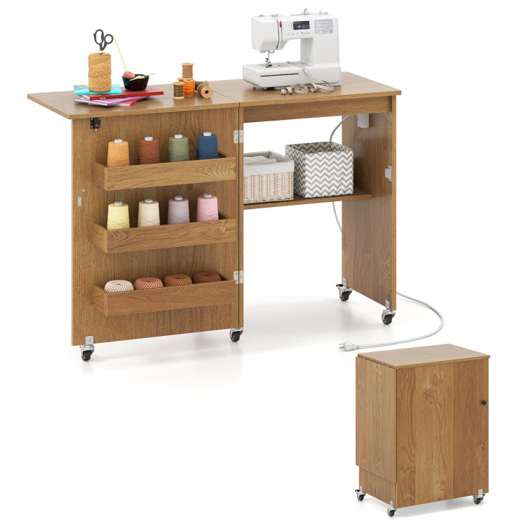 Portable Mobile Folding Sewing Cabinet with USB Charging Port and Multi-Tier Storage