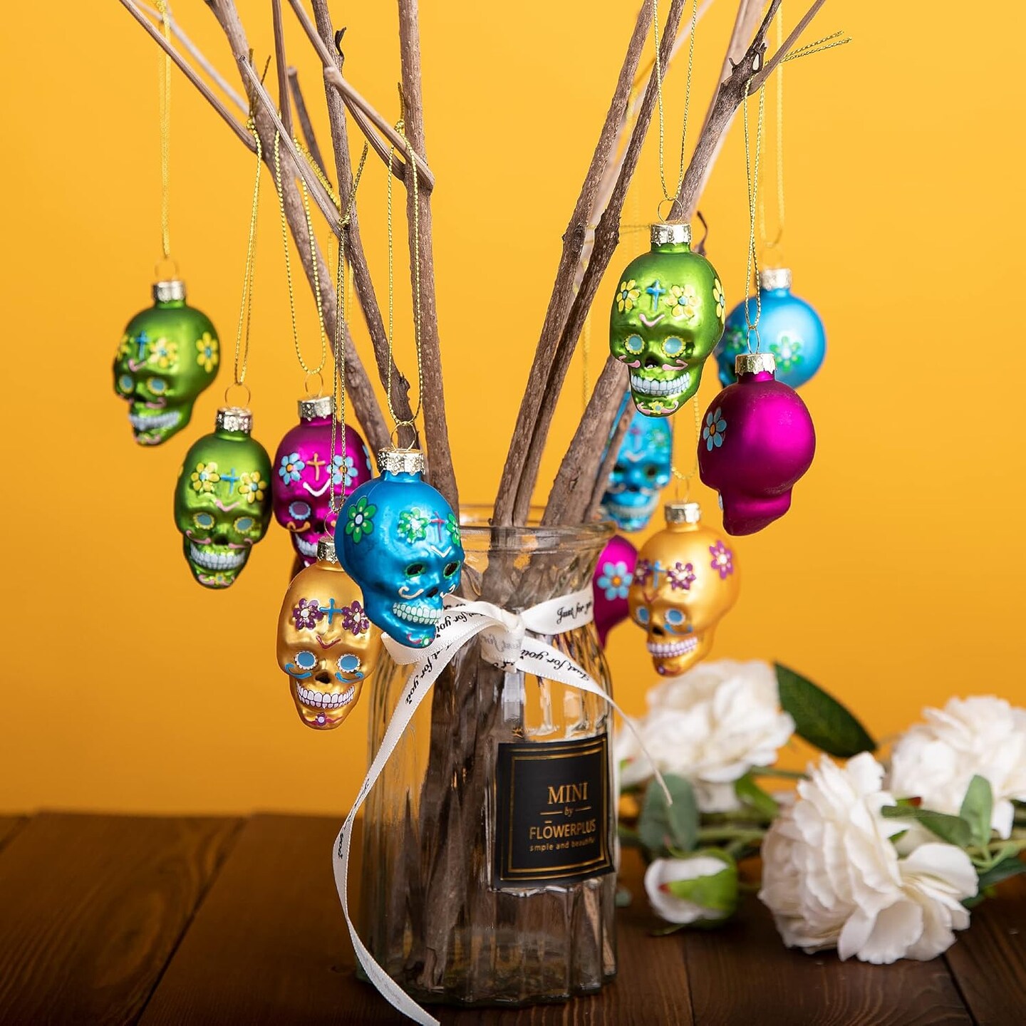 12 PCS Day of The Dead Glass Ornaments - Skull