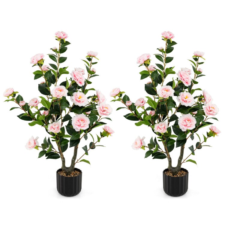38" Set of 2 Pink Artificial Camellia Tree with 24 Silk Flowers and 186 Leaves in Cement Pot