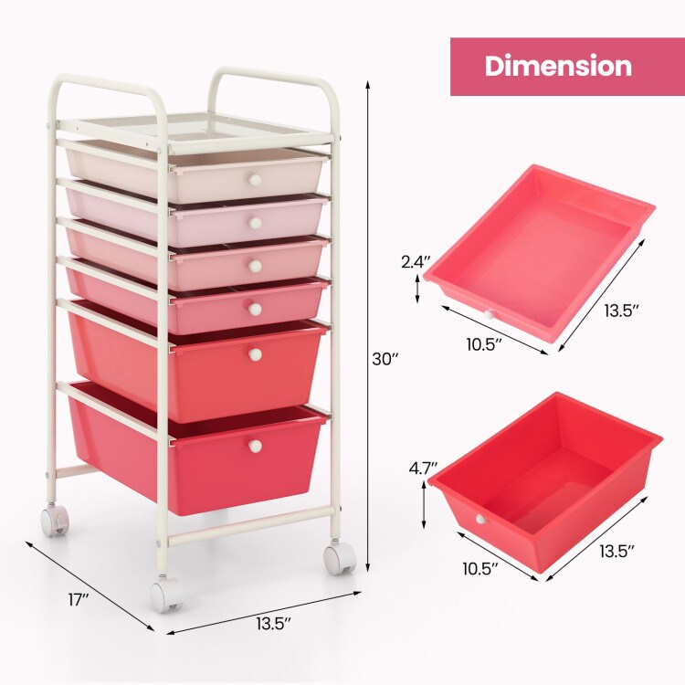 6 Drawer Storage Cart with Wheels PP Plastic Organizer Unit Steel Frame Rolling Utility Trolley for Home Office Bathroom Kitchen Organization Multi Purpose