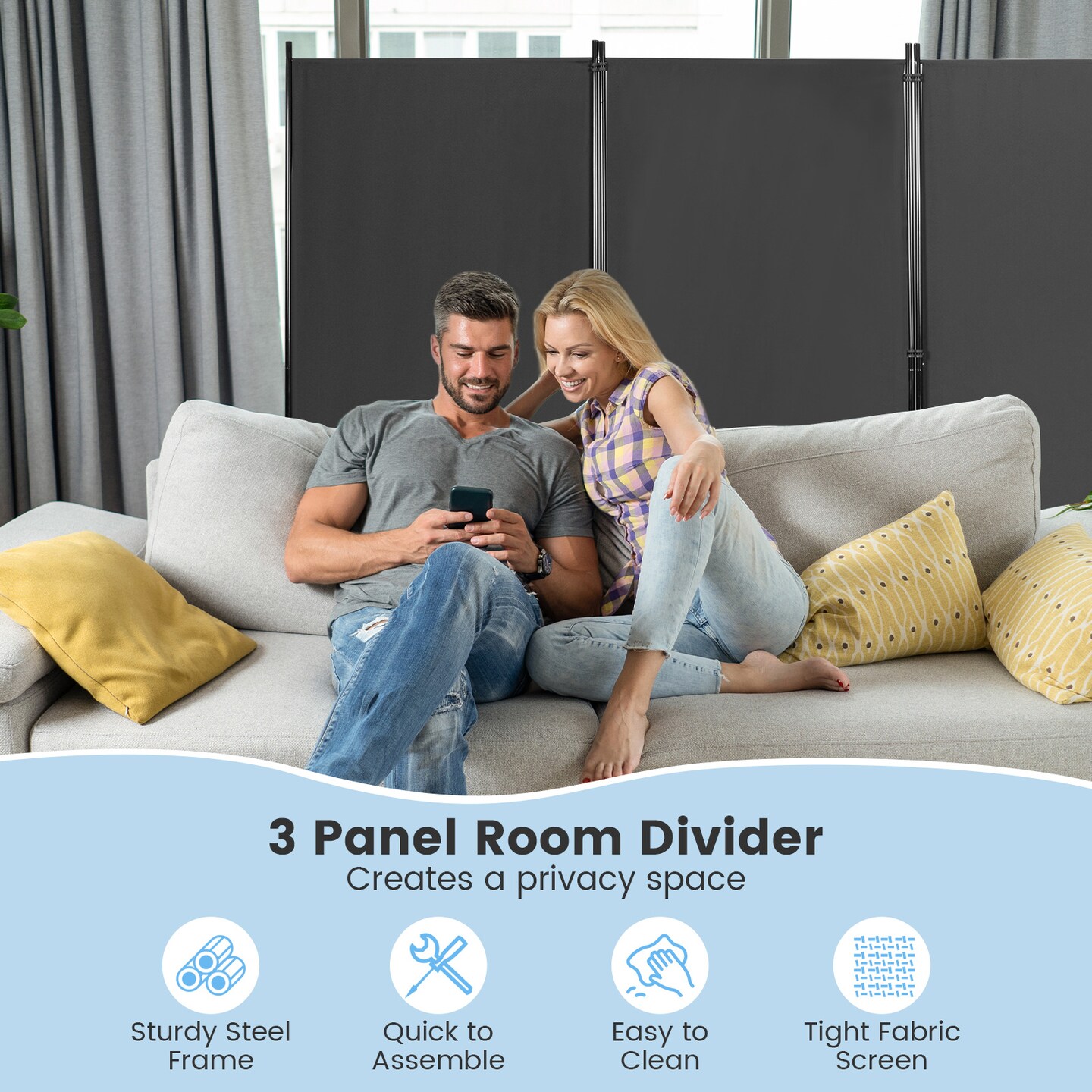 Black 8.5x6 ft Foldable Room Divider Screen with Polyester Fabric and Steel Frame for Privacy and Space Separation