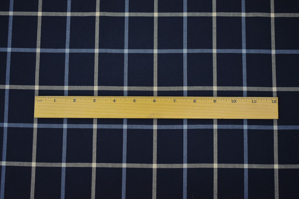 Navy-Light Blue-Beige Poly-Wool Blend Check Shirting Woven Fabric By the Yard