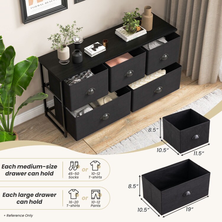 Black Steel MDF Nightstand 5-Drawer Fabric Storage Cabinet for Bedroom