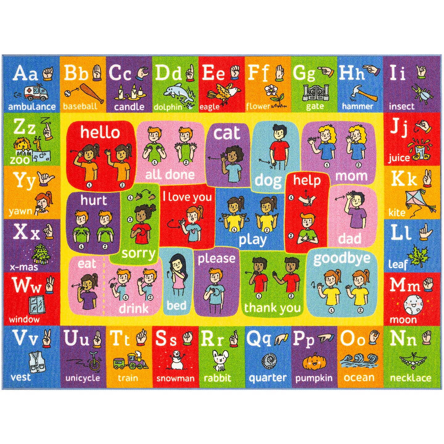 KC Cubs: Educational Rug: ABC Alphabet ASL Sign Language - 5x7' Playmat - Interactive Play, Activity Area Carpet, Bedroom-Classroom, Baby-Toddler-Kids