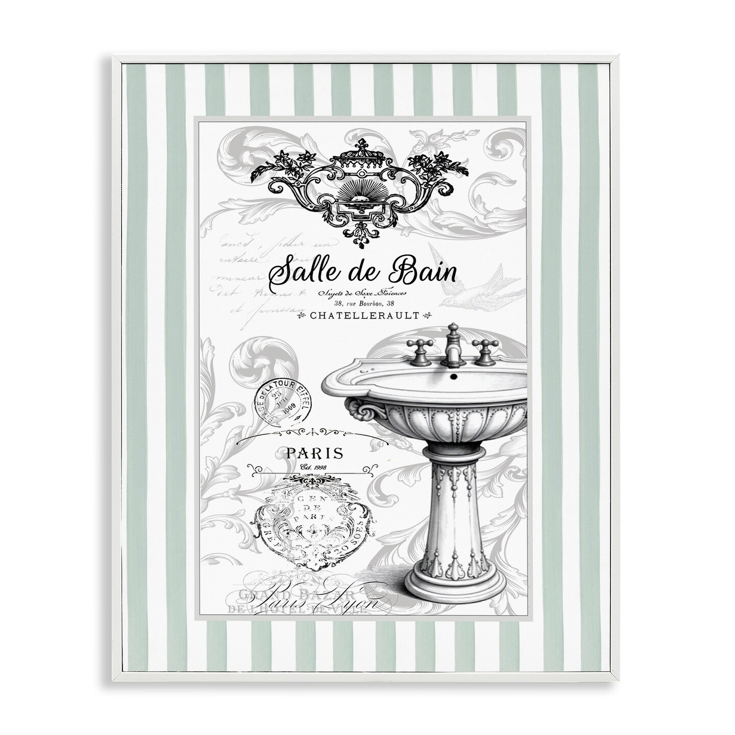Stupell Industries French Bathroom Sink Stripes Framed Giclee, design by Lettered and Lined