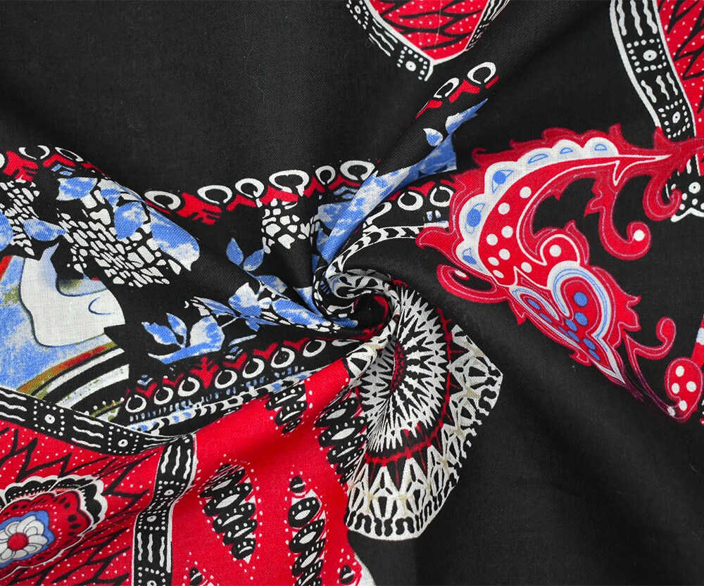 Black-Red-Blue Abstract Tribal Pattern Printed Linen Woven Fabric By the Yard