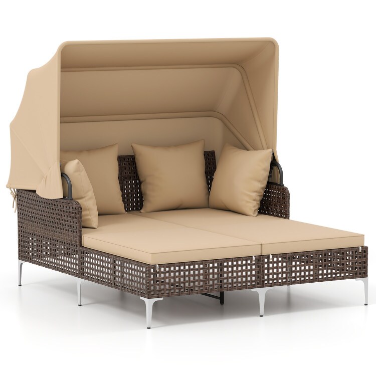 Outdoor PE Rattan Sun Lounger with Double Cushions and Retractable Canopy Heavy-Duty Metal Frame