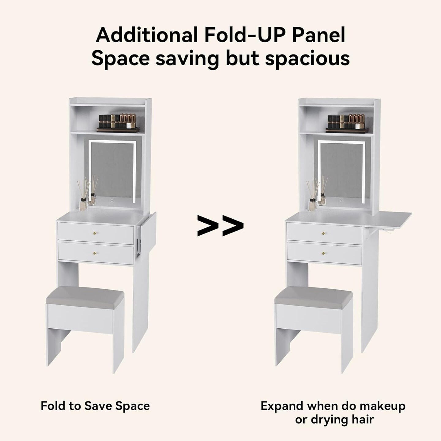 Small Vanity Desk Set with 3 Adjustable Lighted Mirror and Storage Chair Mini Makeup Vanities Set for Compact Space White Dressing Table with Fold-up Panel for Bedroom