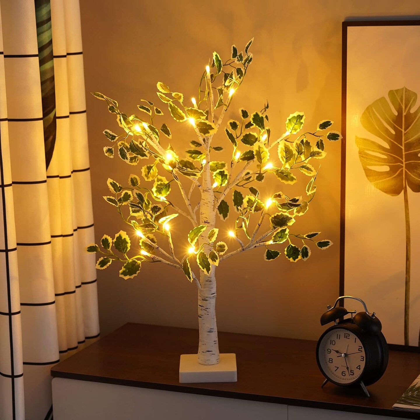 2ft Lighted Birch Tree with Green Leaves & 24 LEDs – USB/Battery Operated Fairy Light Tree with Timer for Christmas, Wedding, Office & Year-Round Indoor Home Decor