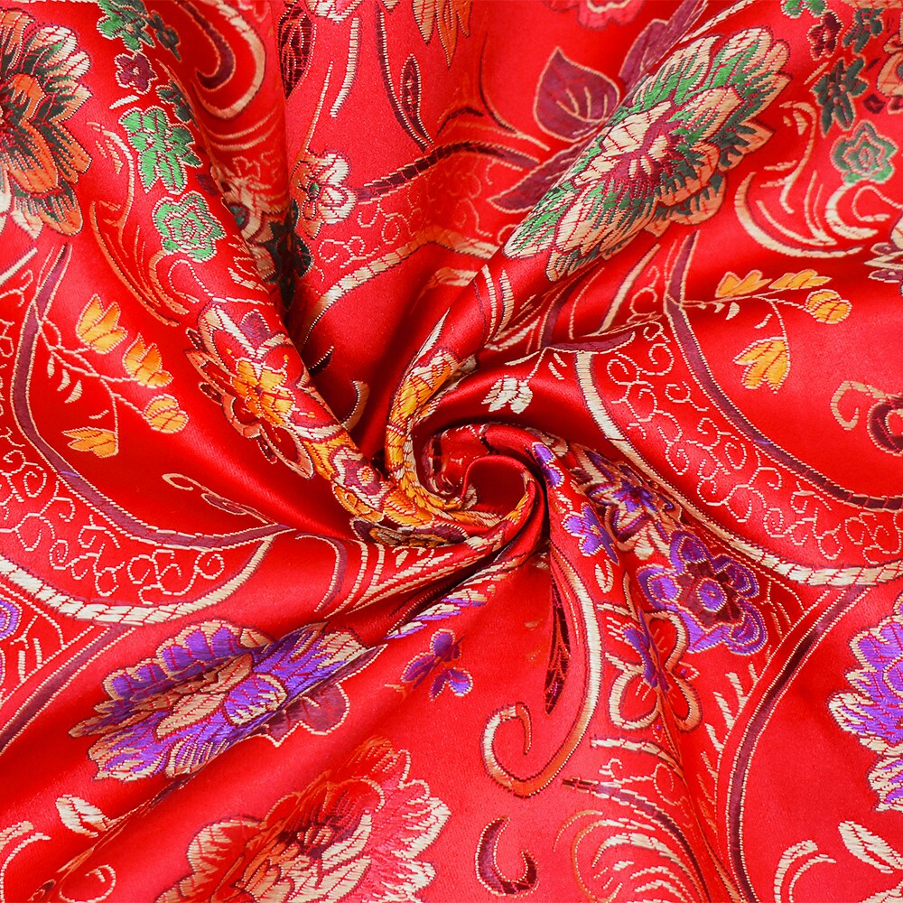 Red-Yellow-Multi Polyester Floral Chinese Brocade Woven Fabric By the Yard