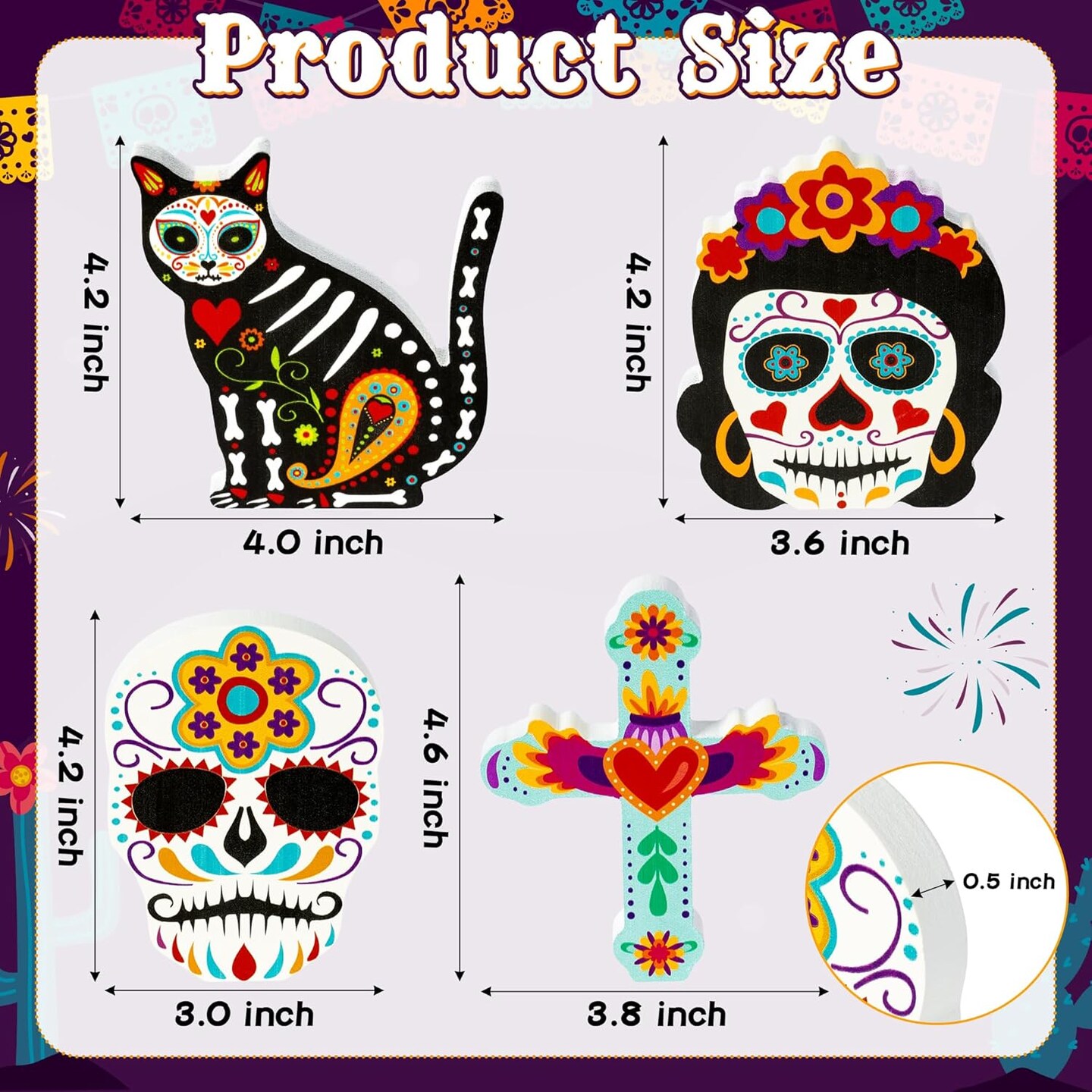4pcs Day of the Dead Wooden Table Topper Centerpiece Signs, Mexican Dia De Los Muertos Cross Sugar Skull Skeleton