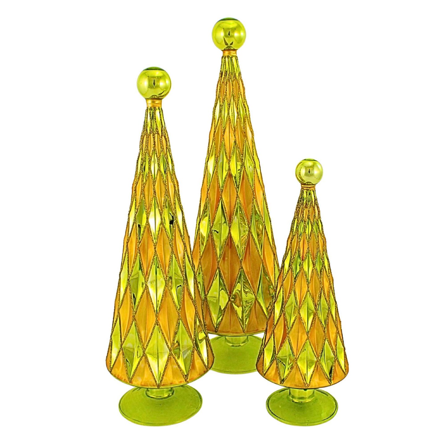 Cody Foster 14.5 Inch Diamond Trees Gold Chartreuse Christmas Decorative Tree Set , Christmas Decor Mid Century Style Reflective