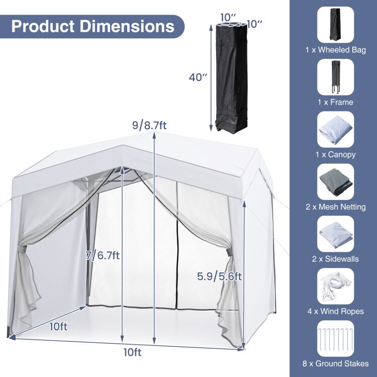 White 10x10 Pop Up Outdoor Canopy Tent with Sidewalls and Mesh Netting for Backyard BBQs