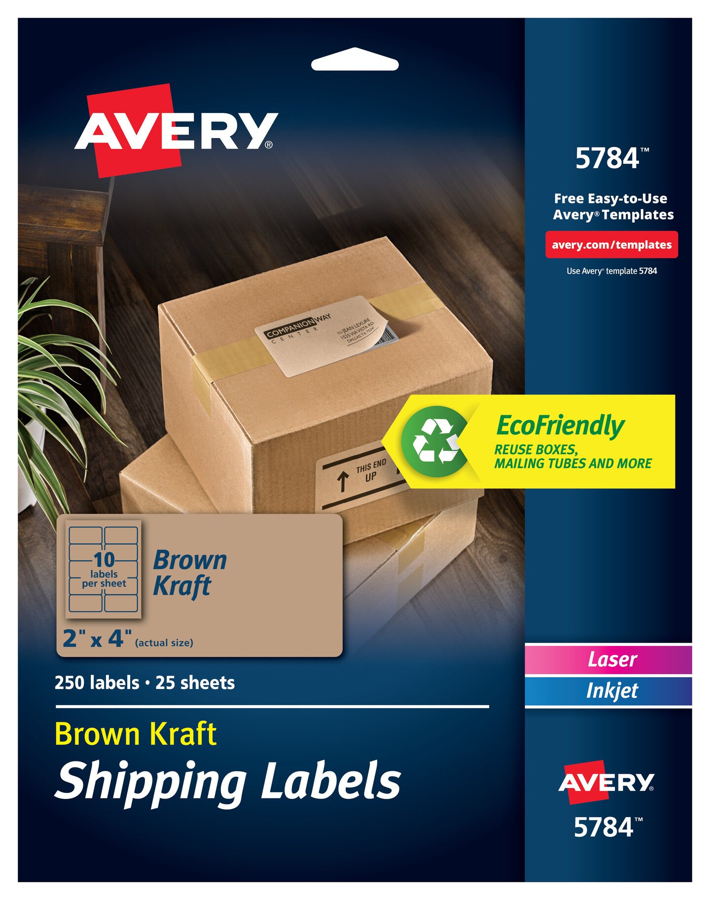 Avery Shipping Labels, Permanent Adhesive, Kraft Brown, 2&#x22; x 4&#x22;, 250 Labels (5784)