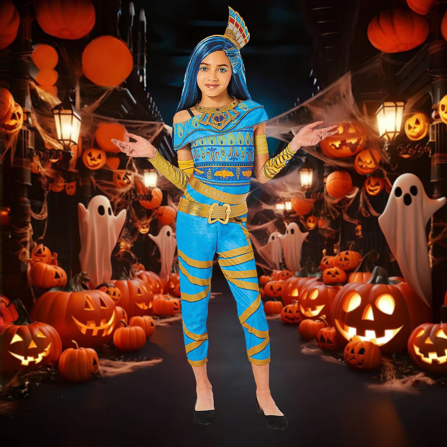 Kids Monster High Blue Gold Cleo De Nile Costume Jumpsuit Belt Headpiece Youth
