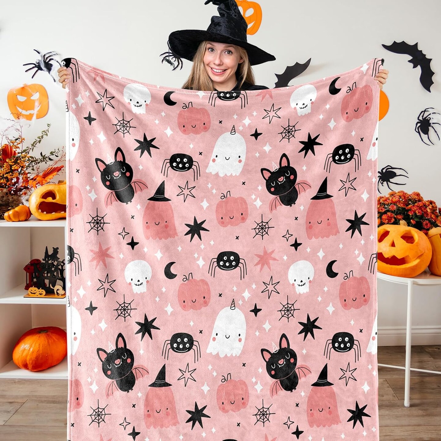 Halloween Fuzzy Blanket Pink Cute Pumpkin Ghost Bat(Pink Ghost Bats)