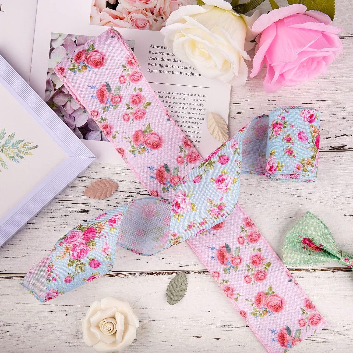 Vintage Floral Wired Edge Ribbon Spring Rose Flower Ribbons 4 Rolls Summer Floral Fabric Decorative Craft Ribbon for Mother's Day Gift Wrapping Decor Bow Sewing Wreath Crafts