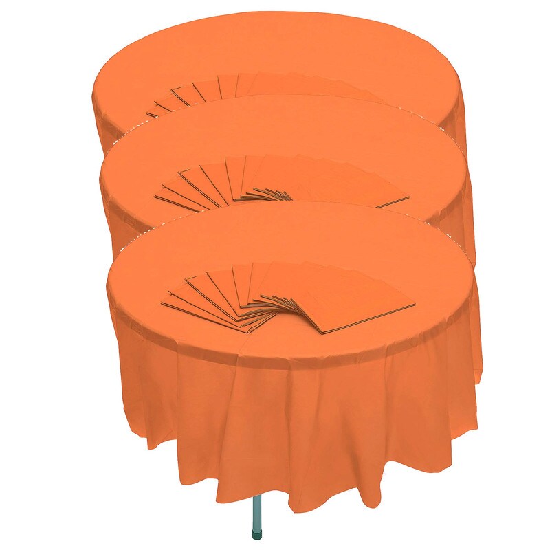 82&#x22; Bulk Pack of 12 Orange Banquet-Style Round Disposable Plastic Tablecloths