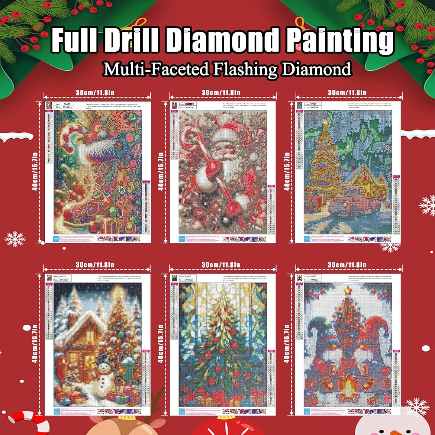 6 Pack Christmas Diamond Painting Kits for Adults- Christmas Diamond Art Kits for Adults, Christmas Tree Snowman Boots Santa Claus Truck Gnome Diamond Painting for Home Wall Decor 12x16 Inch