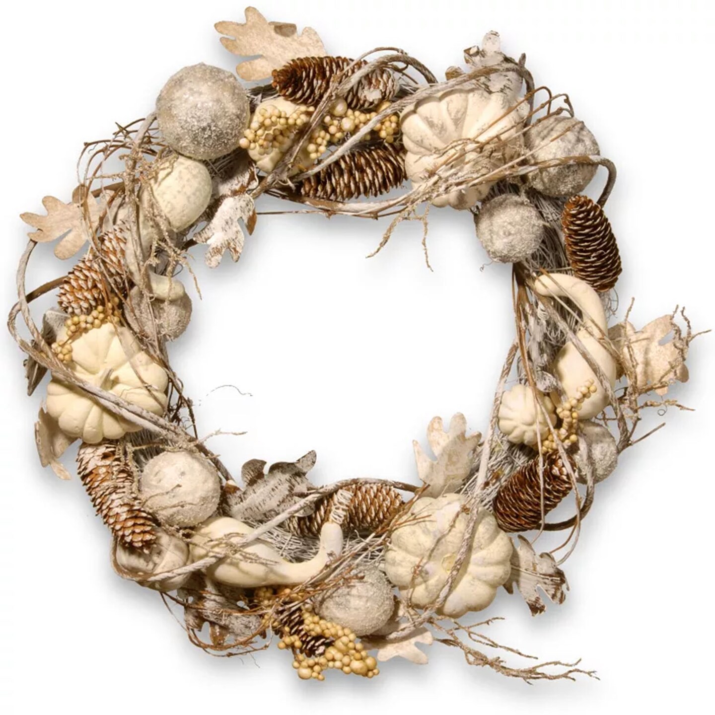 20&#x201D; White Autumn Wreath with Gourds, Pinecones &#x26; Berries