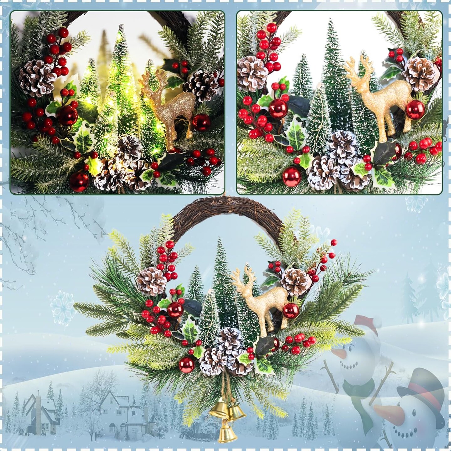 Pre-Lit Christmas Wreath for Front Door (Green/Red/Brown/Gold) 5&#x22;D x 21&#x22;W x 18&#x22;H