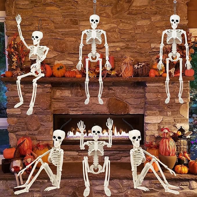 6 Pack Halloween Skeleton Decorations Outdoor: 16" Halloween Full Body Skeleton with Movable Posable Joints - Spooky Skeleton for Yard Garden Lawn Haunted House Graveyard Props Decor