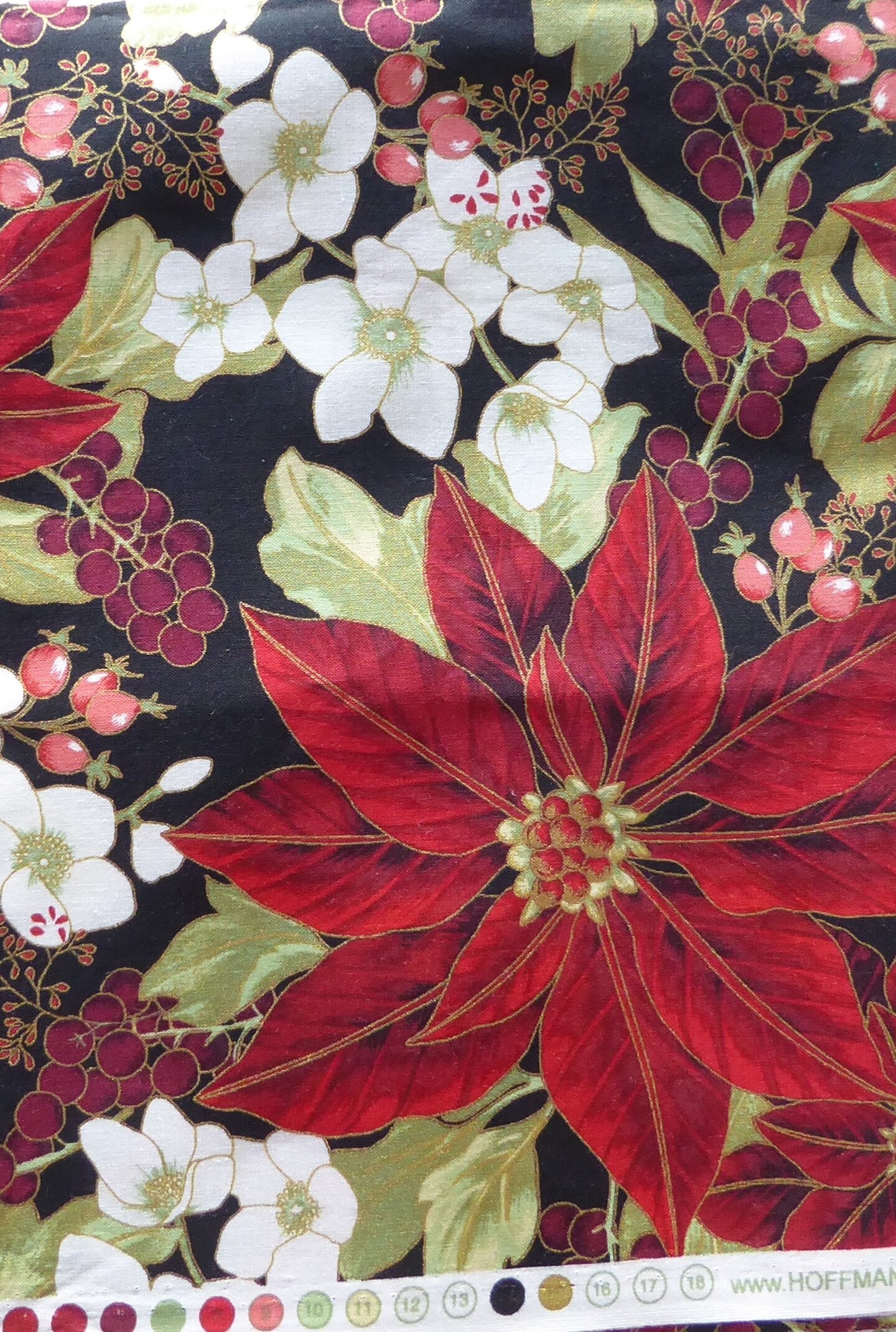 Christmas Poinsettia Flowers Berries by Hoffman Cotton Fabric Sold by the Yard
