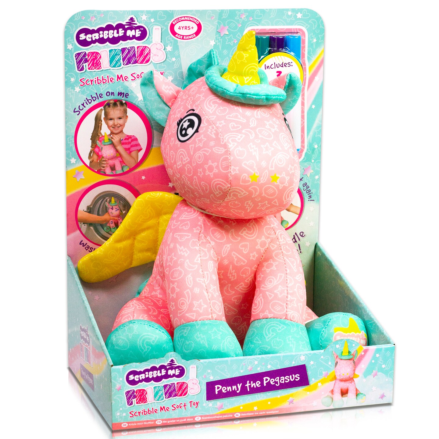 Scribble Me Friends: Unicorn - Pink &#x26; Green - Soft Plush Magical Animal &#x26; 3 Coloring Pens, Scribble-Wash-Repeat, Drawing Art &#x26; Crafts Toy, Kids Age 4+