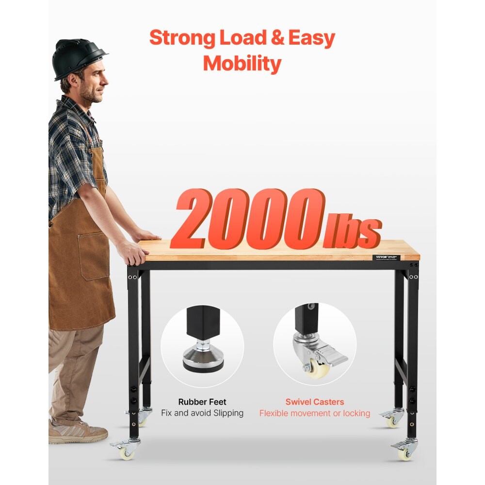 Oak-Black Adjustable Mobile Workbench 2000lbs Casters Power Strip Hooks