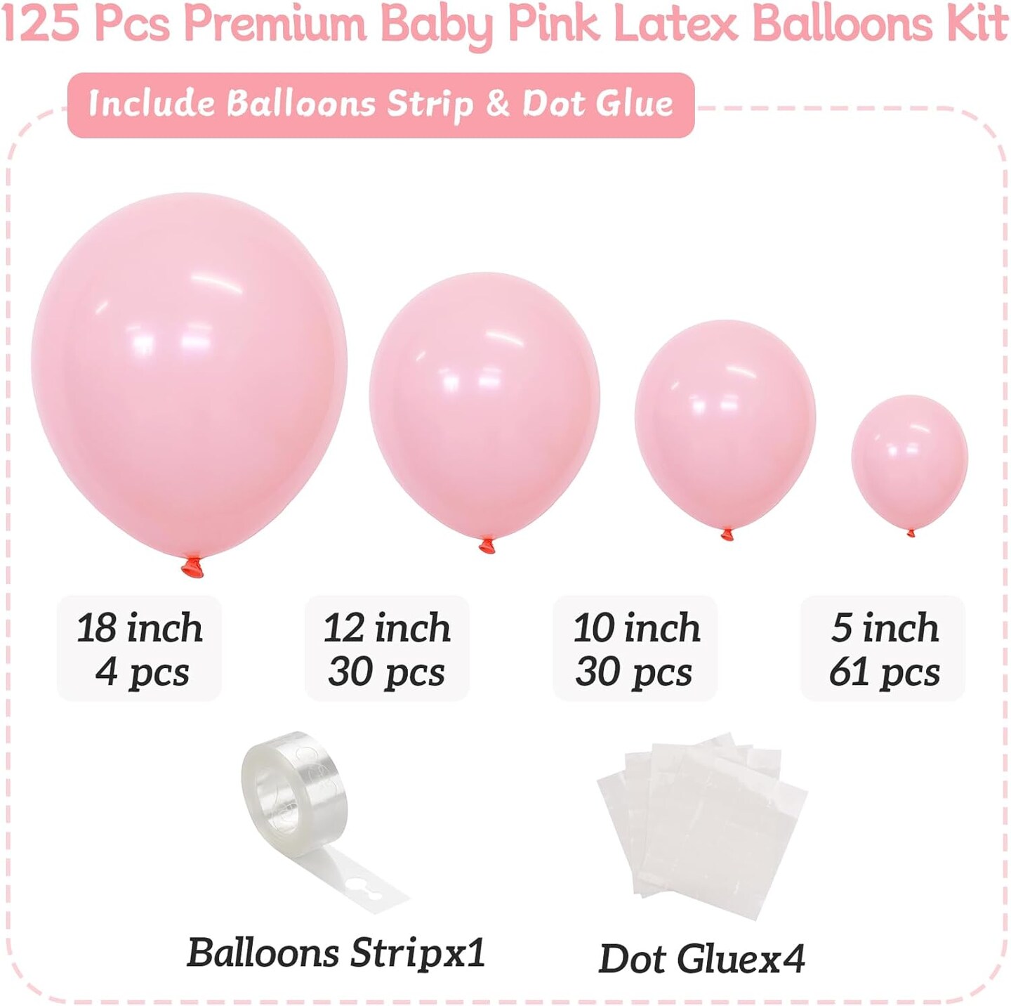 125pcs Light Pink Balloon Arch Kit – Pastel Baby Pink Garland Set in 5”, 10”, 12”, 18” Sizes with Glue Dots & Tape for Princess Birthday, Baby Shower, Gender Reveal & Party Decorations