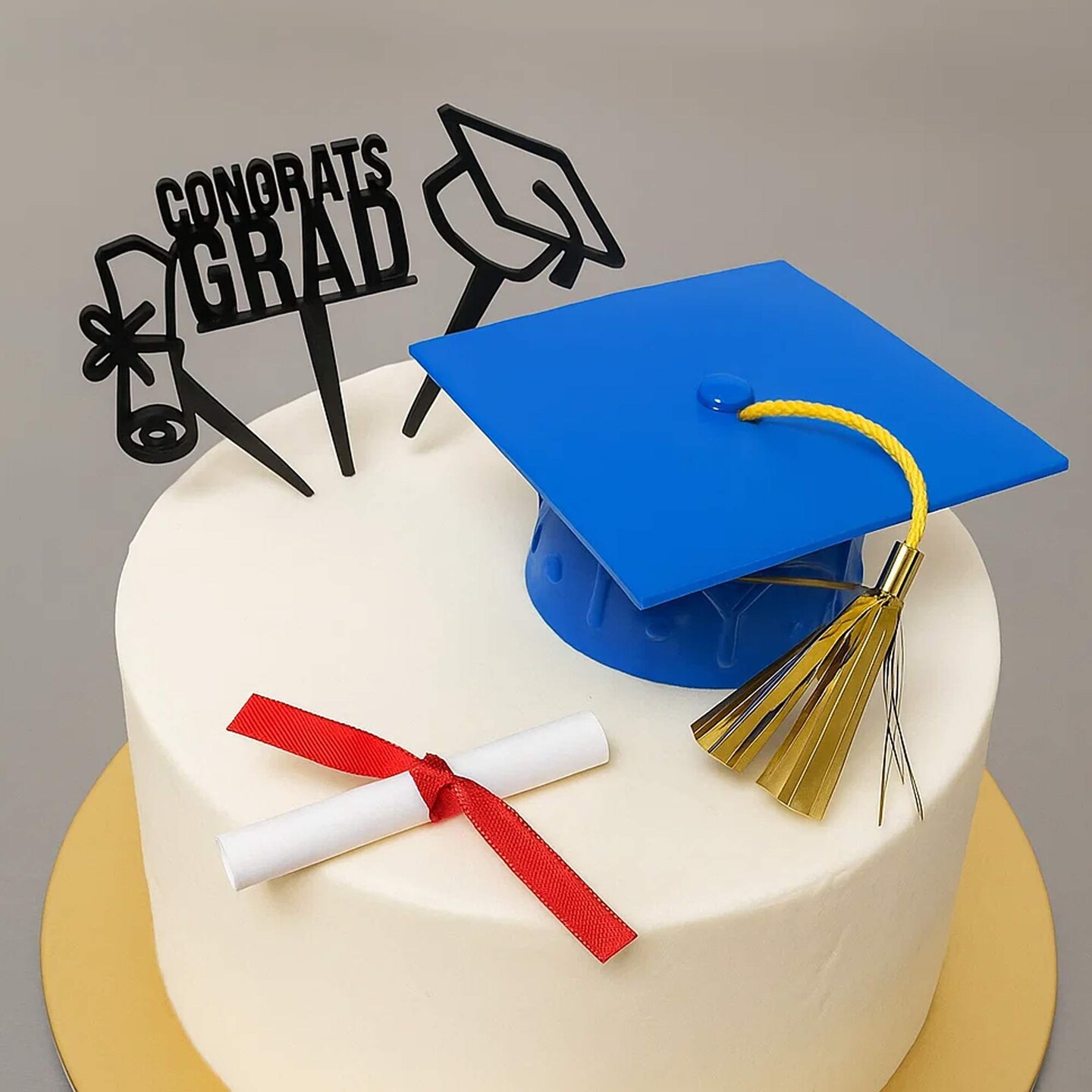 24 Count Graduation Cake Topper Set Blue Cap with Gold Tassel Plastic Picks 3.5 Inch