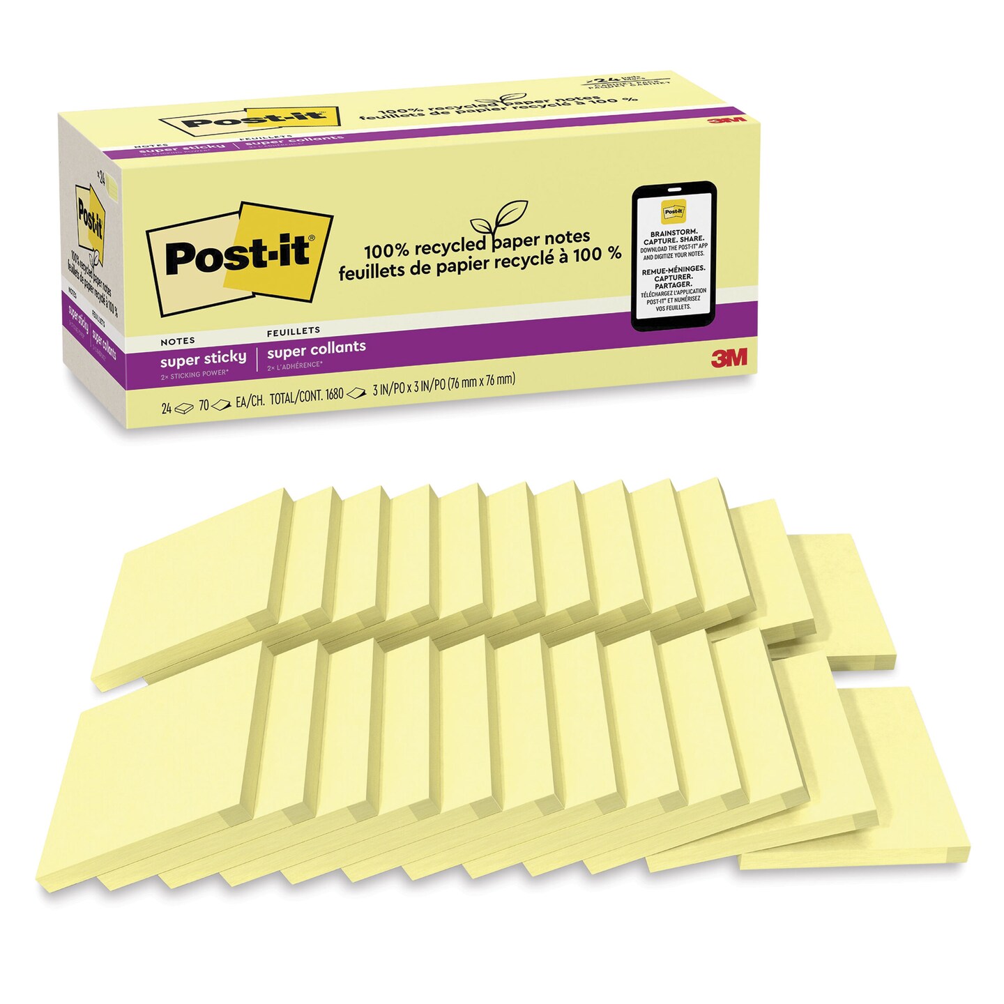 Post-it Recycled Super Sticky Notes - Canary Yellow, 3" x 3", Pkg of 24