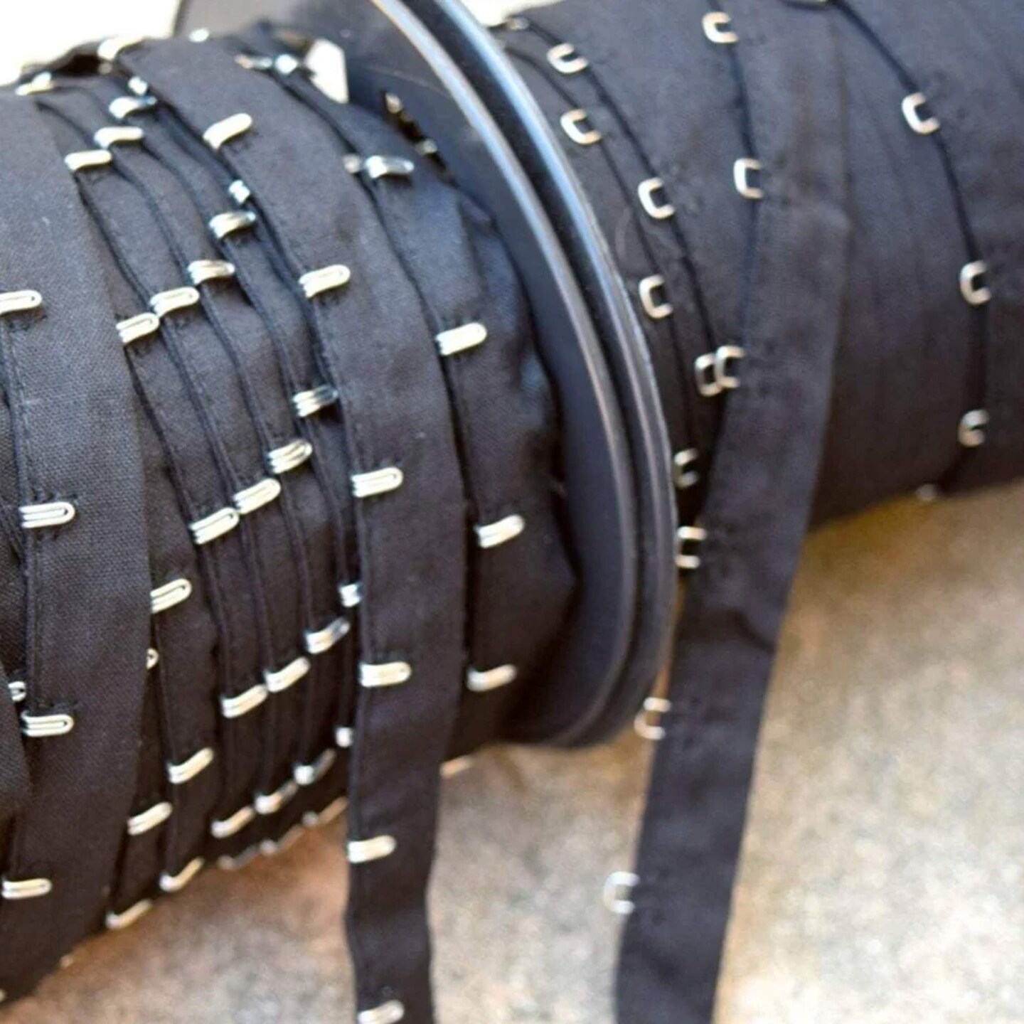 1 Yard Black Hook and Eye Tape Set 1/2&#x27;&#x27; Spacing on Each Side, Silver Hardware on Cotton Trim