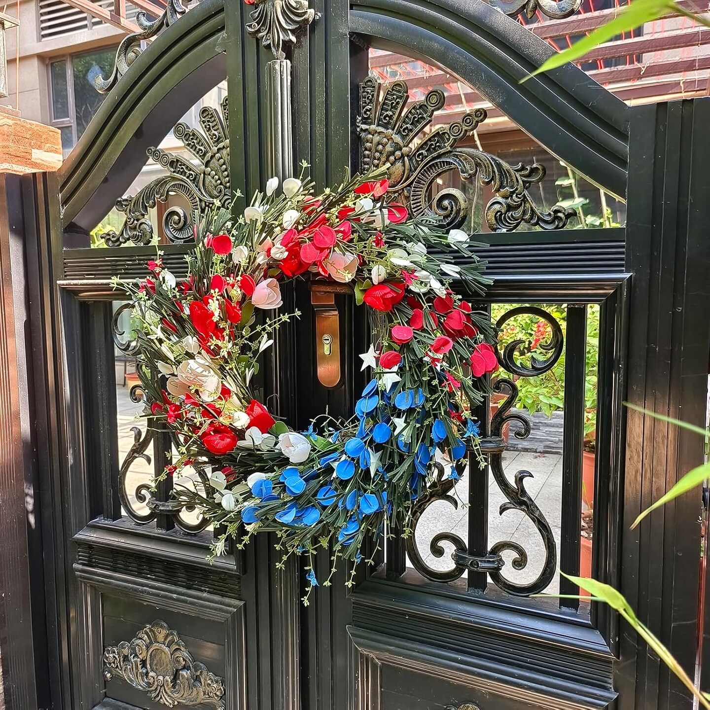 22 Inch Red White and Blue Patriotic Wreath – 4th of July Front Door Wreath with Foam Flowers & Stars, Handmade Independence Day & Memorial Day Home Porch Decoration