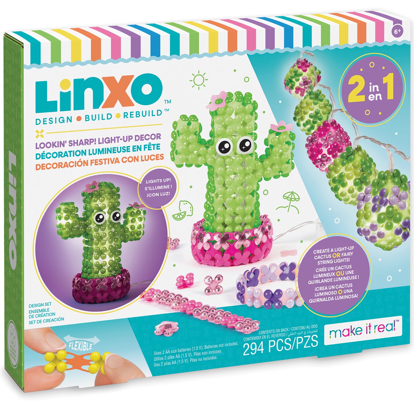 Make It Real: LinXo: Lookin&#x27; Sharp! Light-Up Decor - 2-In-1 Create A Light-Up Cactus OR Fairy String Lights - 294pc DIY Craft Kit, Girls &#x26; Kids Age 6+