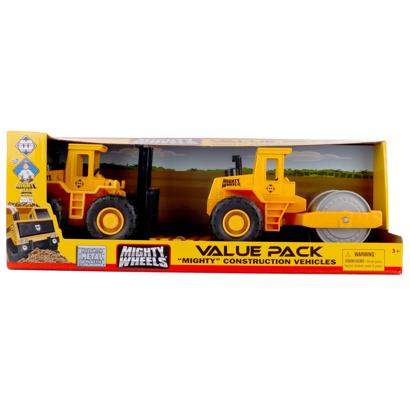 Mighty Wheels: 2 Pack Construction Vehicles - 7" Roller & Fork Lift - Value Pack, Paving & Lifting Toy Set, Durable Indoor-Outdoor Play, Kids Ages 3+