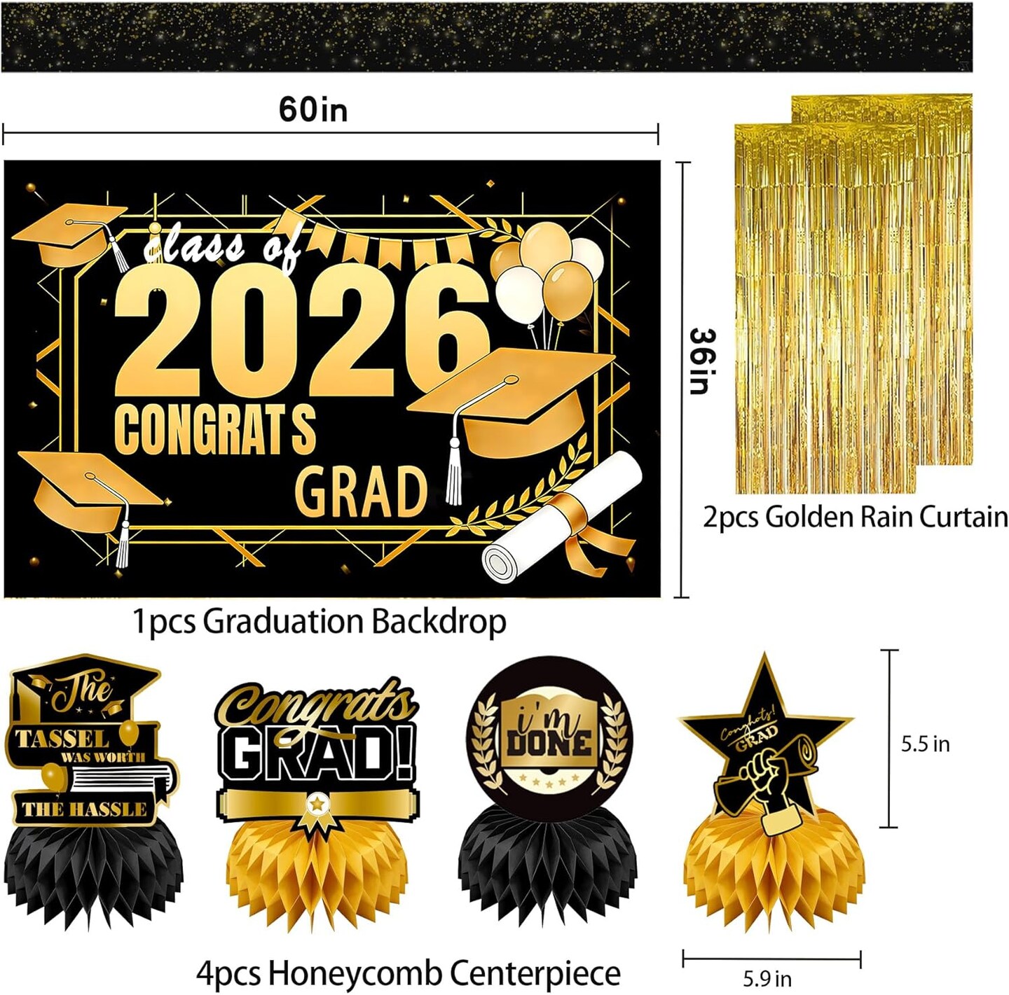 Class of 2026 Graduation Decorations - Black & Gold All-in-One Party Kit: "Congrats Grad" Backdrop, 2-Pack Gold Fringe Curtains, 2026 Foil Balloons & Tabletop Centerpieces