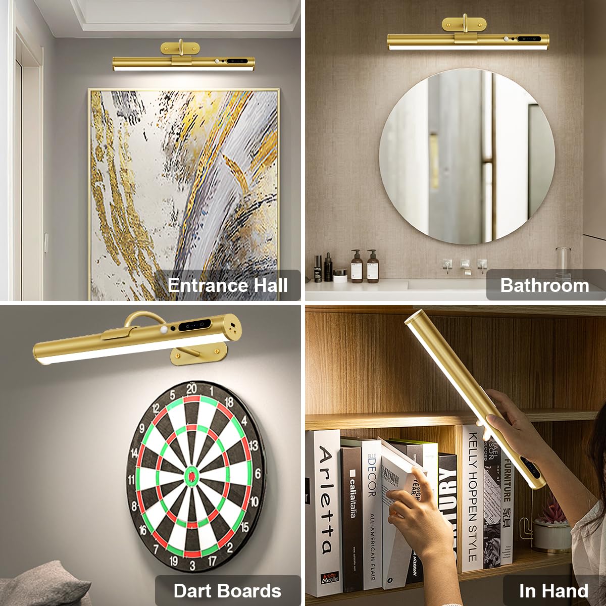 Motion Sensor Battery Operated Wall Sconce, Wireless Picture Lights for Wall, Rechargeable Magnetic Art Lighting with Remote Control, Battery Picture Light for Poster Dartboard Mirror – Gold