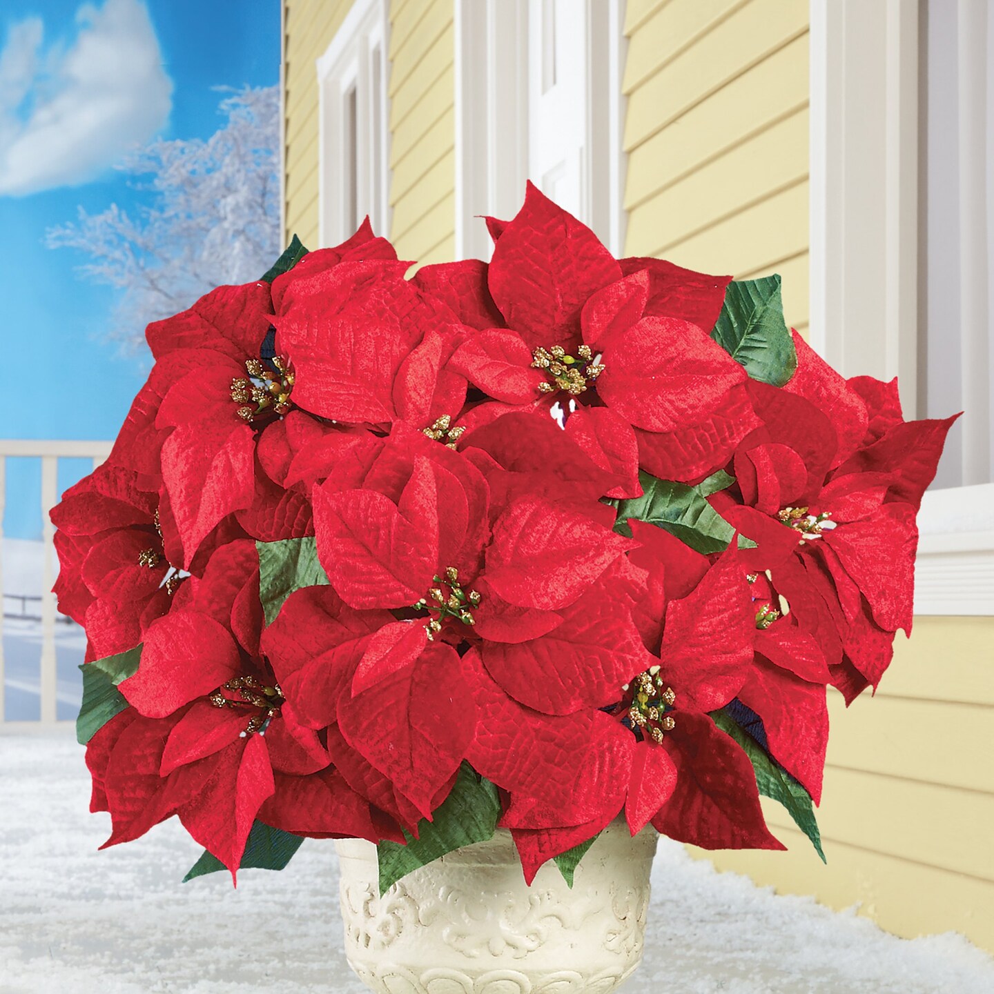 Collections Etc Bright Red Decorative Velvet Poinsettia Bushes - Set of 3