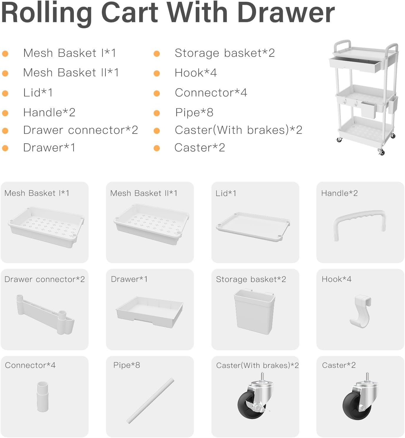3 Tier Rolling Utility Cart with Drawer-Utility Cart Made of Multifunctional Storage Organizer