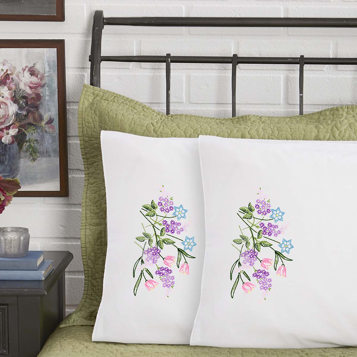 Herrschners  Camellia Pillowcase Pair Stamped Embroidery