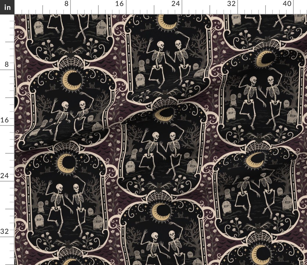 Various Fabrics by the Yard or Fat Quarter Skeleton Dance Black Purple Moody Halloween Spooky Graveyard Cemetary Custom Printed Fabric by Spoonflower