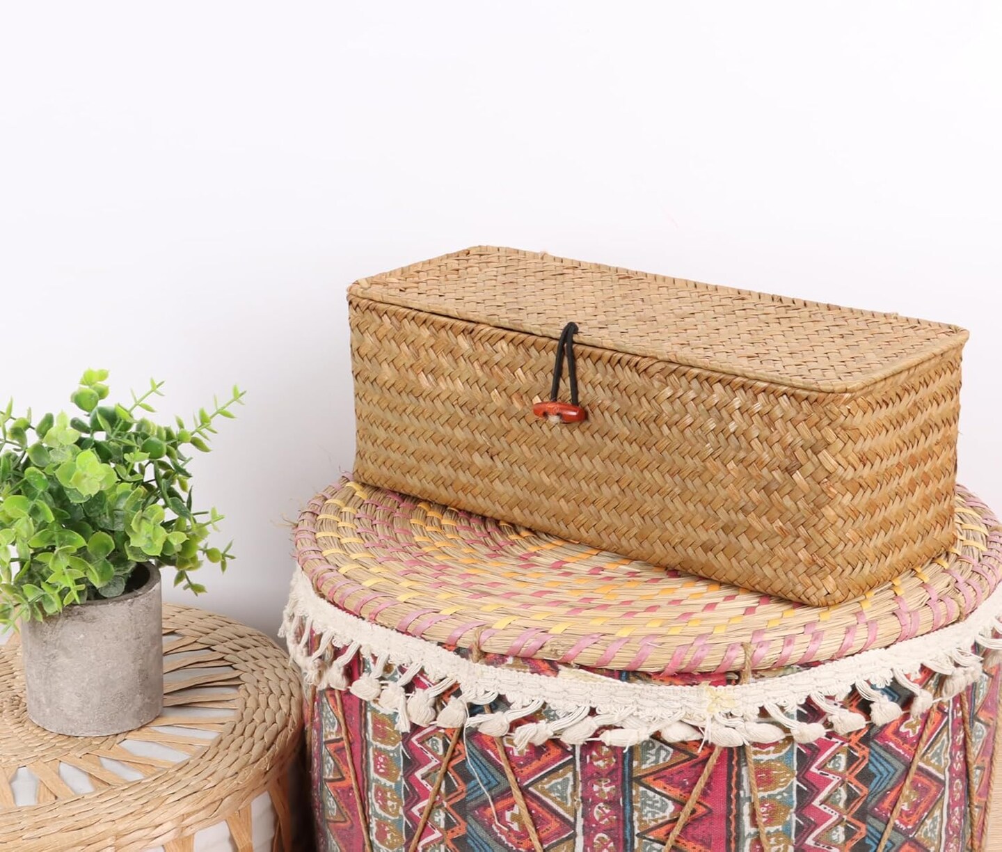 Wicker Woven Storage Baskets with Lid and Dividers (Natural) 5.1"D x 13"W x 4.3"H