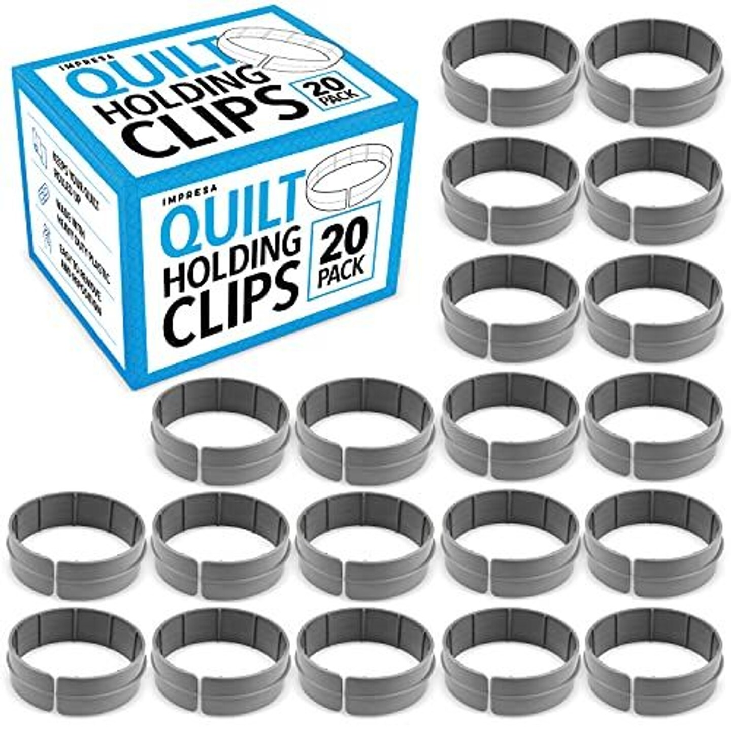 Impresa Sewing & Quilting Supplies Quilt Clips - 1 in Tall x 3 in Dia, 20-Pack, Gray Plastic - Machine Quilting Clips & Clamps - Large Plastic Quilt Rings & Frame Roll Clamps