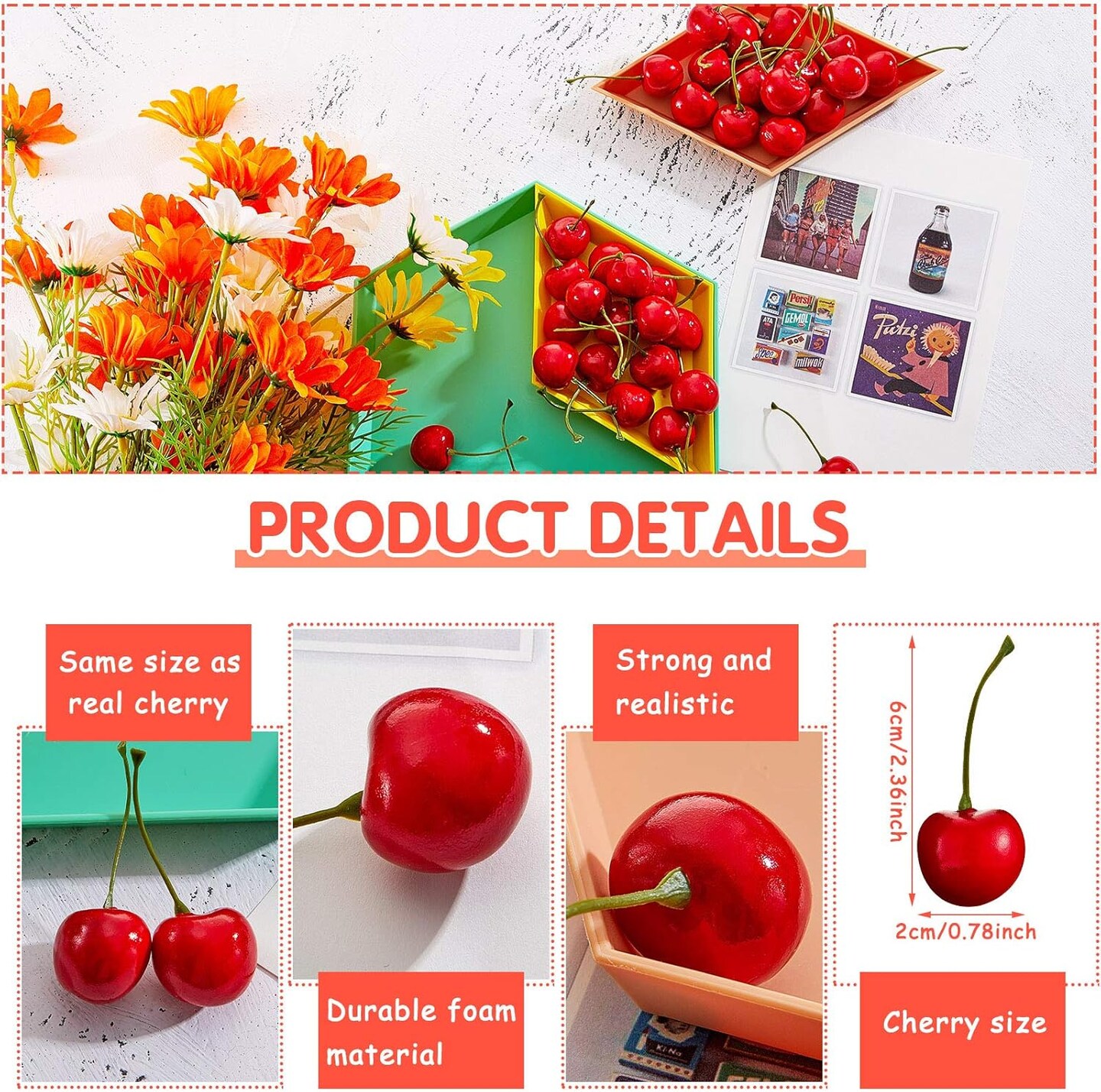80 Pieces Fake Cherries Artificial Fruit for Party Decor Home (Cherry/Red) 2.36"D x 0.98"W x 0.98"H
