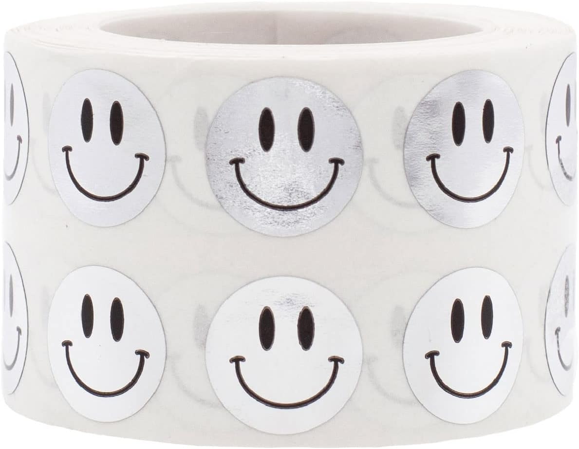 1/2" Inch Small Metallic Silver Happy Face Labels, 1,000 Total Adhesive Stickers on a Roll (Metallic Silver)