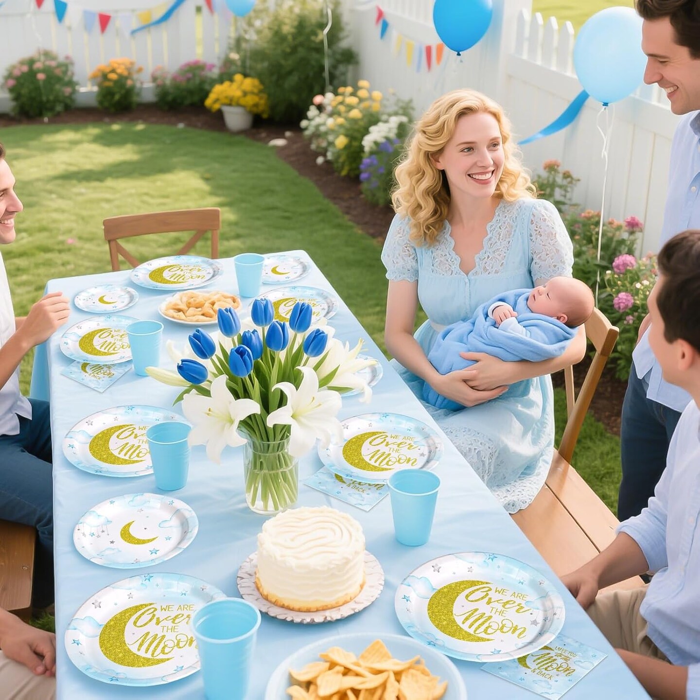 96 Pcs Baby Shower Tableware Set - Plates, Napkins, Forks (Blue)