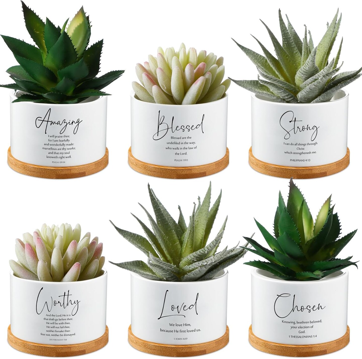 6-Pack Bible Verse Ceramic Succulent Pots with Bamboo Tray – Mini Christian Prayer Planters Set (3”x3”x2”) – Religious Inspirational Home Decor Gift for Graduation, Church & Faith-Based Decoration